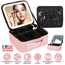 Travel Makeup Bag with LED Mirror Makeup Case Organizer with 3 Light Colors Adjustable Dividers Brush Holder Magnifying Mirror Dimmable USB Rechargeab