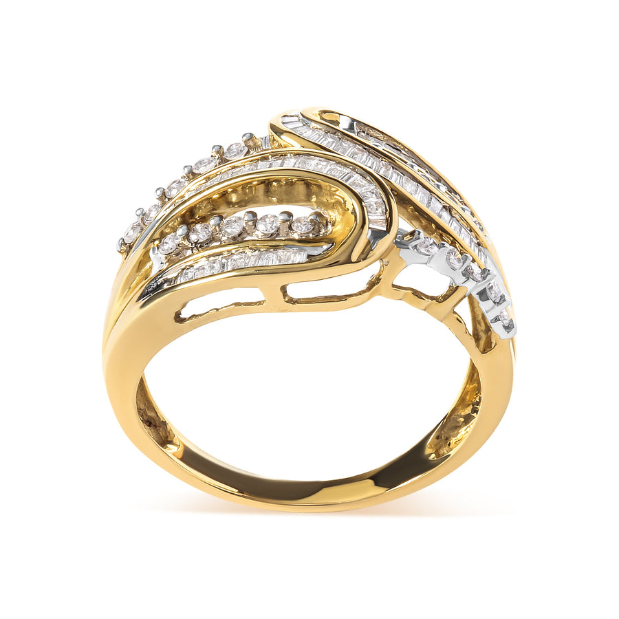10K Yellow Gold 1/2 Cttw Round and Baguette cut Diamond Open Space Bypass Ring (H-I Color, SI2-I1 Clarity) - Ring Size 7