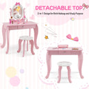 Kid Vanity Table Stool Set with Oval Rotatable Mirror-Pink