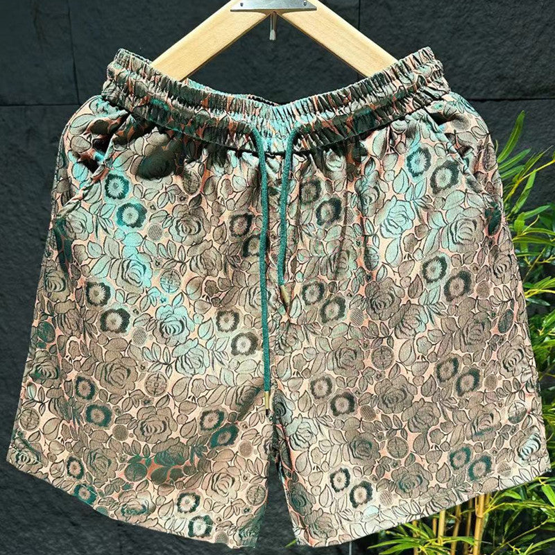Men's Ethnic Style Laser Dark Flower Ice Silk Shorts