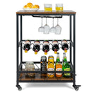 Kitchen Bar Cart Serving Trolley on Wheels with Wine Rack Glass Holder-Rustic Brown
