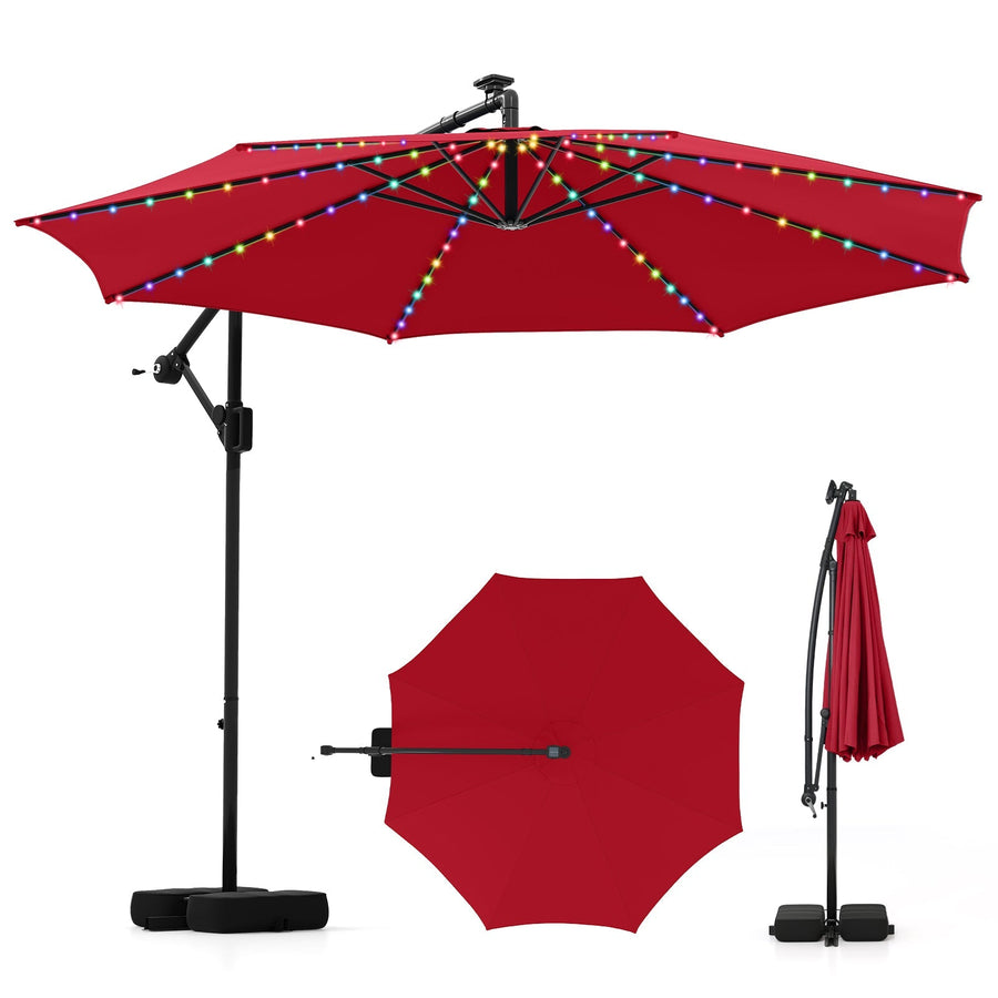 10 Feet Solar Offset Hanging Umbrella with Base and LED Lights