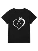 Heart Horse Pattern Printed Shoulder Short Sleeve