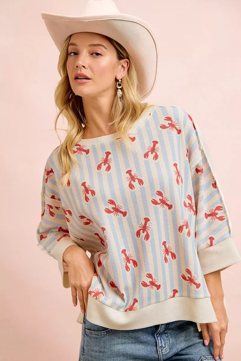 BiBi 4th Of July Lobsters Stripe Waffle Knit Sleeve Top
