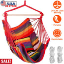 Hammock Hanging Chair Canvas Porch Patio Swing Seat Portable Camping Rope Seat Wooden Stick Hammock Chair with 2 Pillows 265LBS Load-bearing