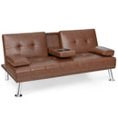 Convertible Folding Leather Futon Sofa with Cup Holders and Armrests