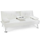 Convertible Folding Leather Futon Sofa with Cup Holders and Armrests