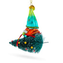 Gnome Adventurer Riding a Festive Tree Blown Glass Christmas Ornament