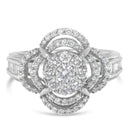 14K White Gold 1.0 Cttw Round & Baguette Cut Diamond Floral Cluster Quatrefoil Channel Set Band Cocktail Statement Ring (H-I Color, SI2-I1 Clarity) - Size 6-3/4