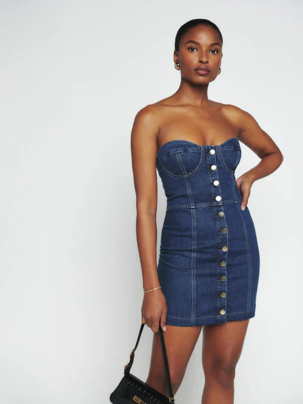reformation nikki bustier denim mini dress Reformation + Nikki Bustier Denim Mini Dress