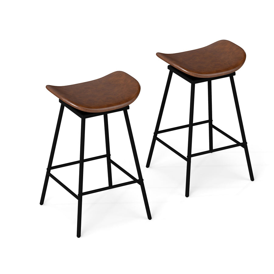 Set of 2 Swivel Barstools Faux Leather Upholstered Backless with Footrest