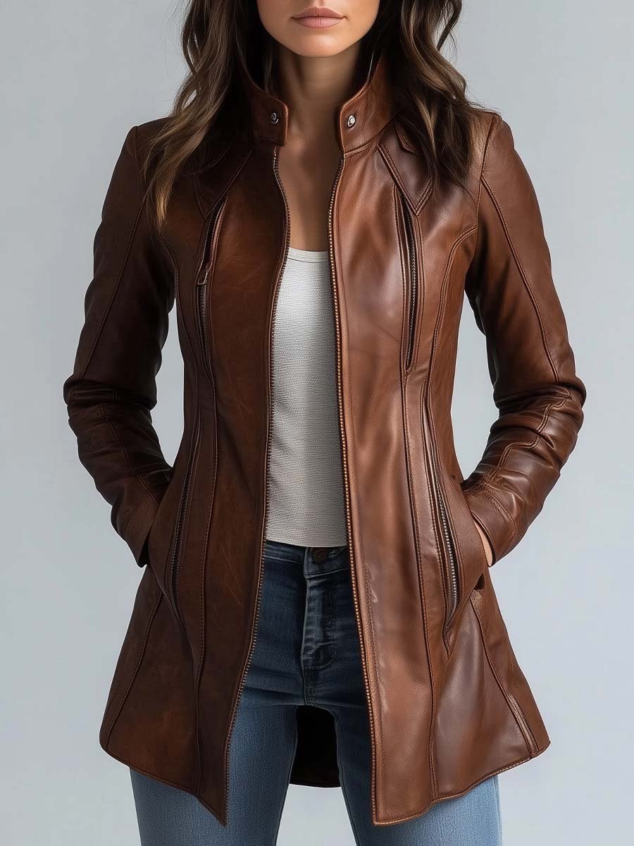Women's Stand Collar Vintage Faux Leather Jacket
