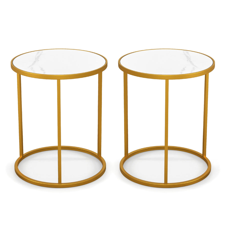 16 Inch Marble Top Round Side Table with Golden Metal Frame for Living Room Bedroom