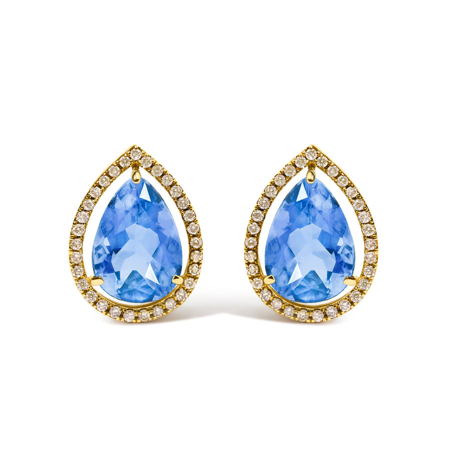 18K Yellow Gold 9x13 MM Blue Flourite Pear Halo Stud Earrings 1/2 Cttw Diamond