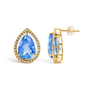 18K Yellow Gold 9x13 MM Blue Flourite Pear Halo Stud Earrings 1/2 Cttw Diamond