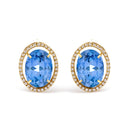 18K Yellow Gold 11x14MM Blue Fluorite Oval Stud Earrings with 1/2 Cttw Diamond Halo