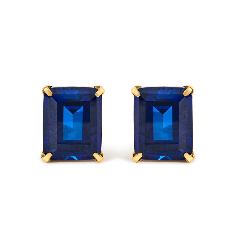 18K Yellow Gold 10x8 MM Lab Created Blue Sapphire Emerald Cut Solitaire Stud Earrings