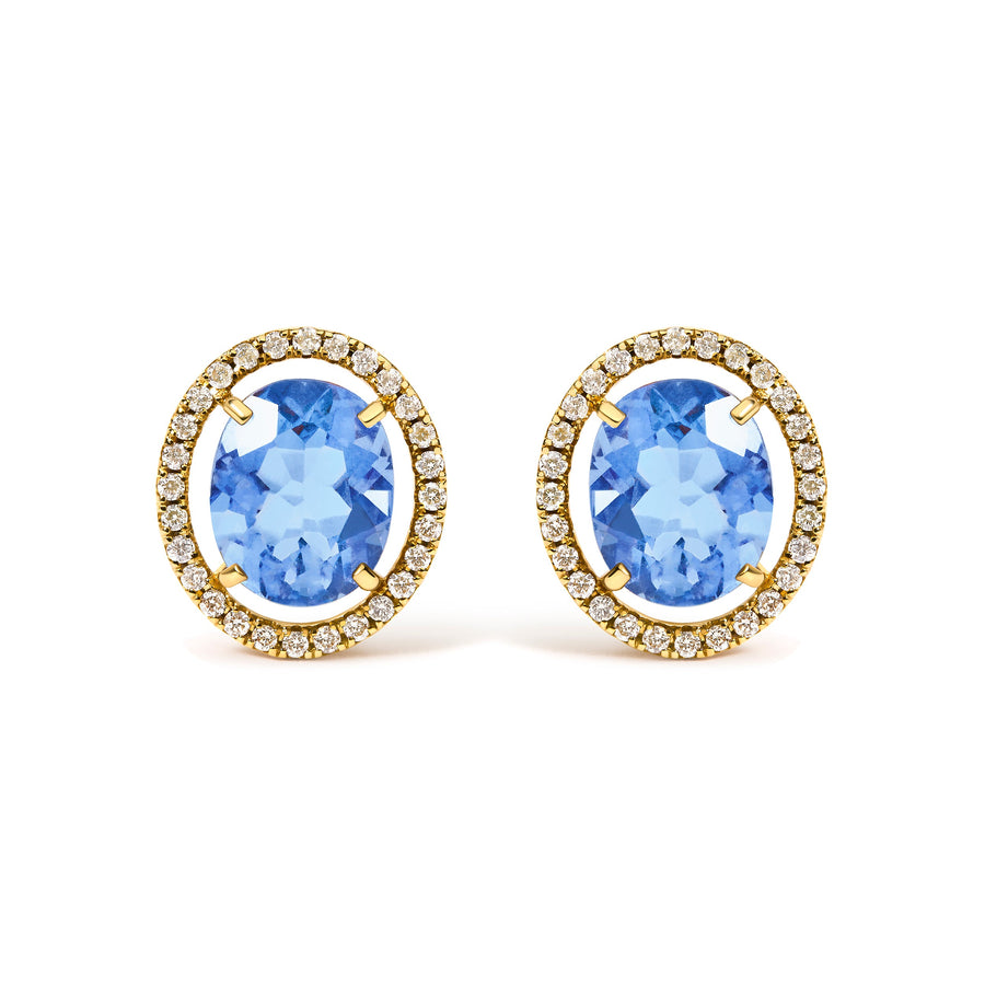 18K Yellow Gold 8X10 MM Blue Fluorite Oval and 1/2 Cttw Diamond Halo Stud Earrings