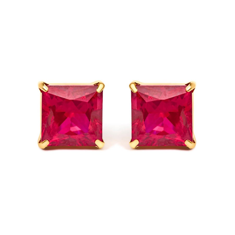 18K Yellow Gold 7x7 MM Created Red Ruby Princess Cut Solitaire Stud Earrings