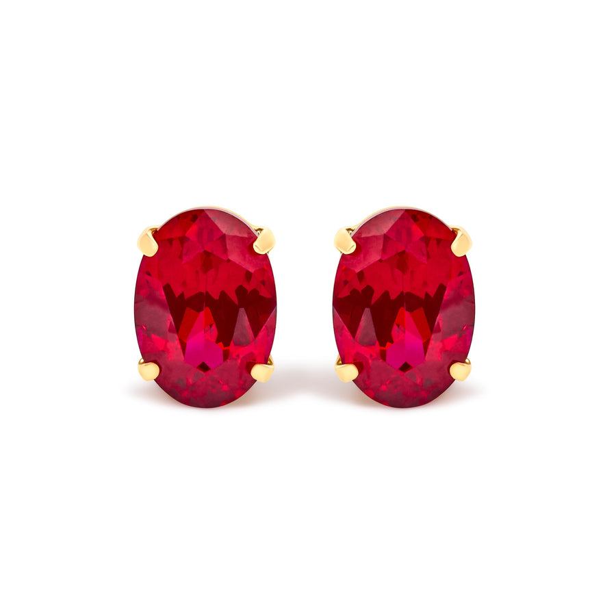 18K Yellow Gold 7x5 MM Created Oval Ruby Solitaire Stud Earrings