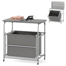 3-Section Laundry Sorter with Foldable Ironing Board and Lockable Wheels-Gray