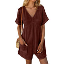 Solid Color V-neck Bat Sleeve Jumpsuit with Pockets