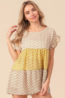 BiBi Flroal Printed Woven Color Block and Tiered Top