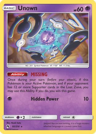 Unown 092/214 - SM  Lost Thunder Reverse Holofoil