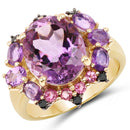 14K Yellow Gold Plated 5.25 Carat Genuine Amethyst, Rhodolite and Blue Diamond .925 Sterling Silver Ring