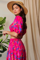 Davi & Dani Smocing Bodice Puff Short Sleeve Printed Crop Top