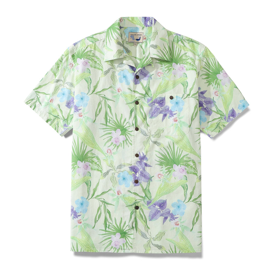 Men's Hawaiian Shirt Green Tropical Floral Cotton Aloha Shirt Camp Shirt