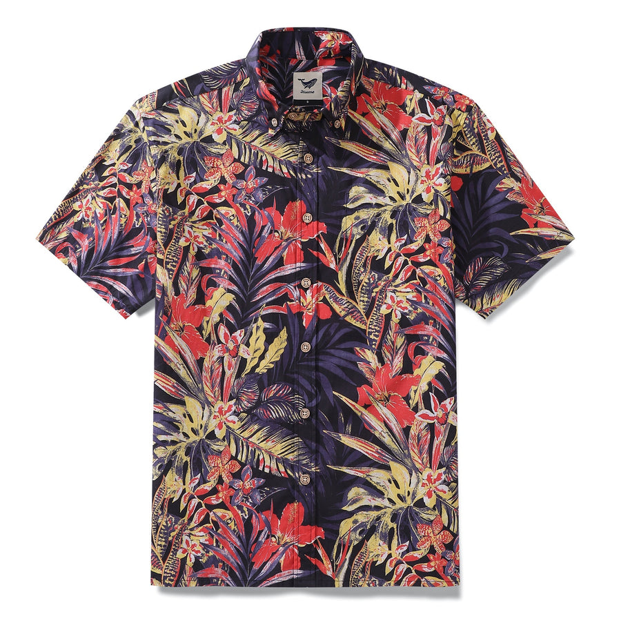 Men's Hawaiian Shirt Summer Night Print Cotton Button-down Short Sleeve Aloha Shirt