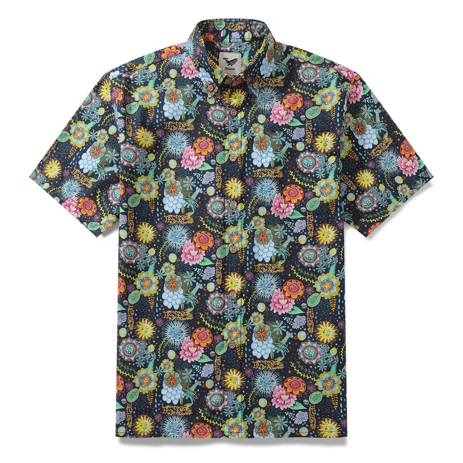 Men's Hawaiian Shirt Midnight Flowers By Caroline Bonne Müller Cotton Button-down Short Sleeve Aloha Shirt