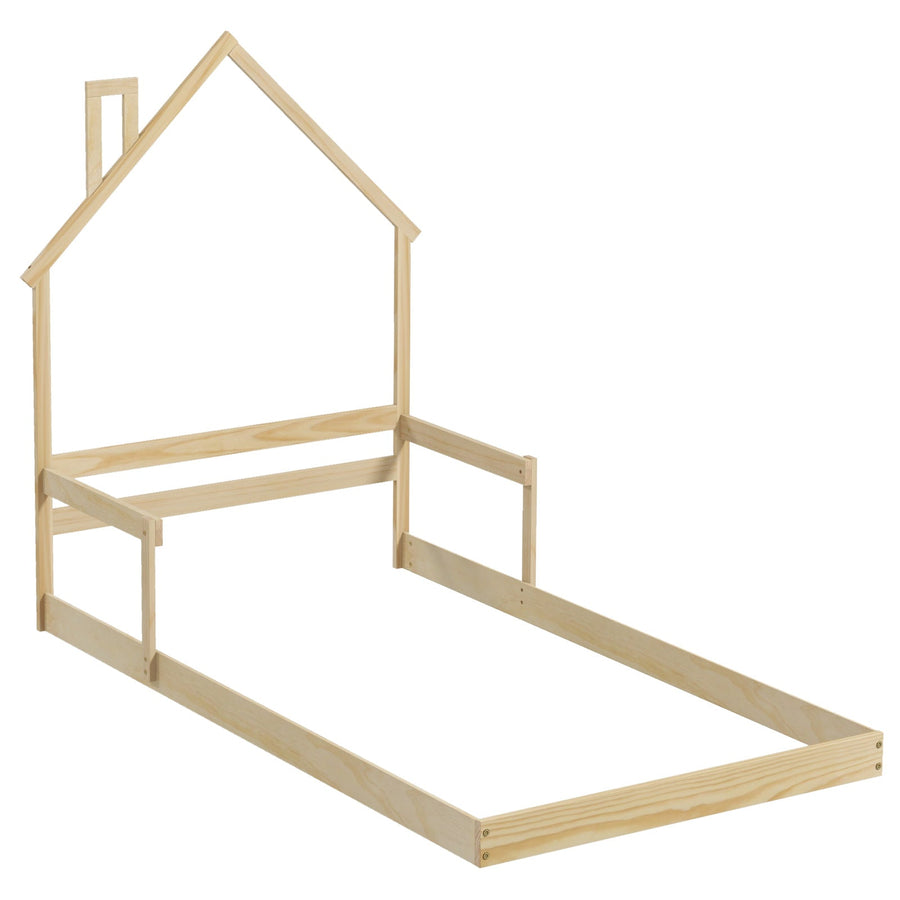Twin Size Floor Bed with Chimney and Headboard and Handrail-Natural