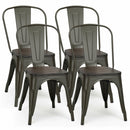4 Pieces Tolix Style Metal Dining Side Chair Stackable Wood Seat