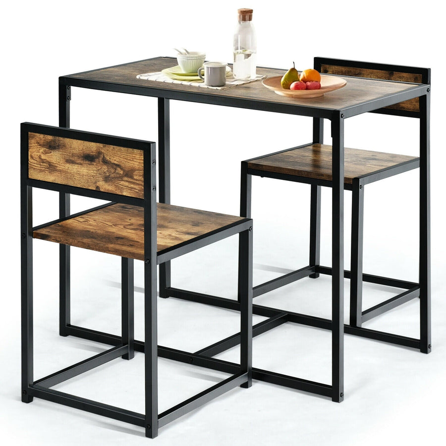 3 Pcs Dining Set Compact Table and 2 Chair with Metal Frame for for Small Space