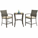 3 Pieces Rattan Bar Furniture Set with Slat Table and 2 Cushioned Stools