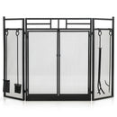 3-Panel Folding Wrought Iron Fireplace Screen with Doors and 4 Pieces Tools Set-Black