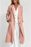 Long-sleeve Buttoned Cotton-linen Trench Coat With A Suit Collar
