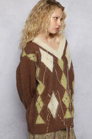 POL V-Neck Argyle Pattern Mohair Sweater with Contrast Exposed Stitch Detail