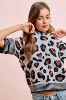 BiBi Two Tone Detail Leopard Knit Double Sleeves Top