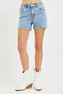 RISEN High Rise Denim Shorts with Embroidered Detail