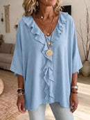 Full Size Ruffle V-Neck 3/4 Sleeve Blouse Plus Size