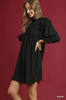 Umgee Linen Ruffle Shoulder Pleated Babydoll Dress