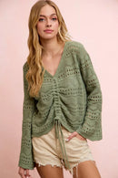 BiBi Pointelle Knit V Neck Ruched Front Lightweight Top