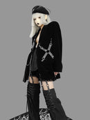 Gothic Style Dark Black Velvet Woolen Shoulder Pad Blazer Women