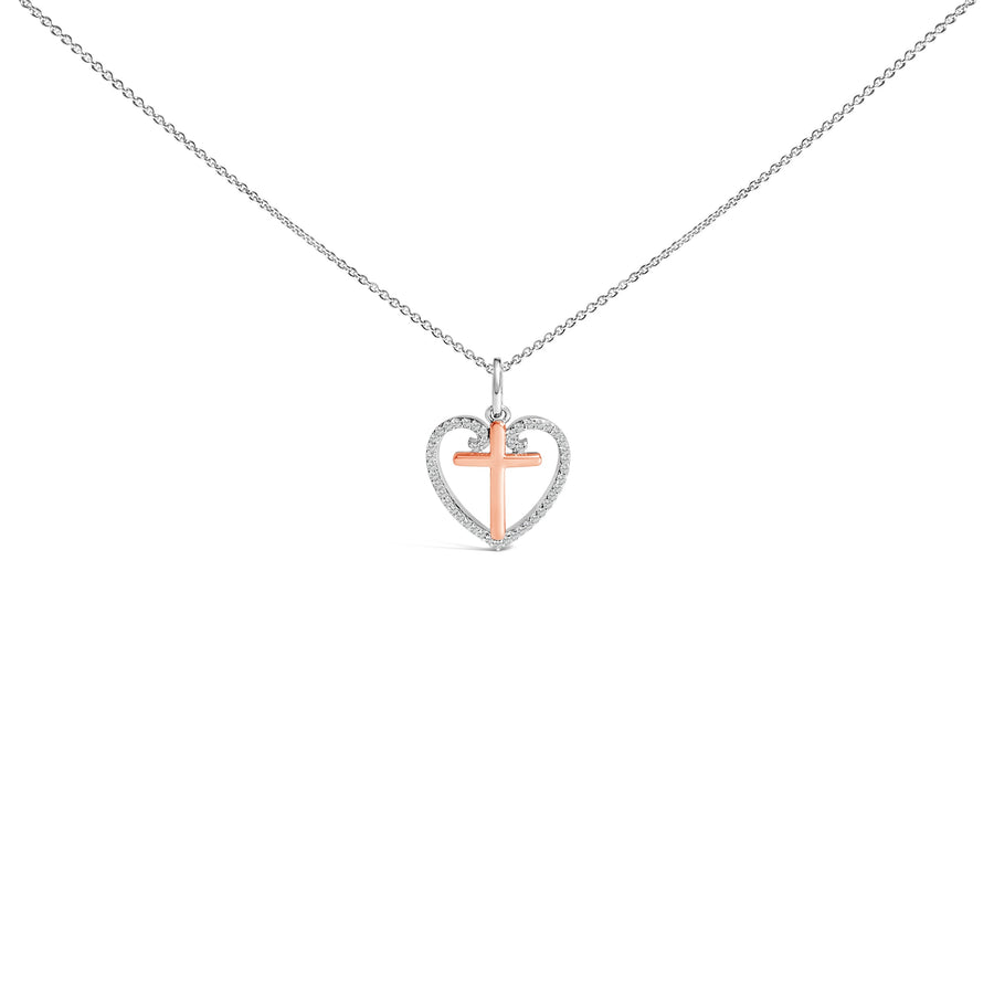 14K Rose Gold Plated Sterling Silver 1/5 Cttw Diamond Heart Cross Pendant Necklace
