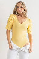 And The Why Shirring Puff Sleeve Bodysuit