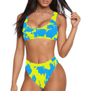 Yellow and Blue Paint Splatter Sport Top & High-Waisted Bikini Swimsuit / Rave Set