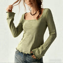 Wide-neck Long-sleeve Top Basic T-shirt